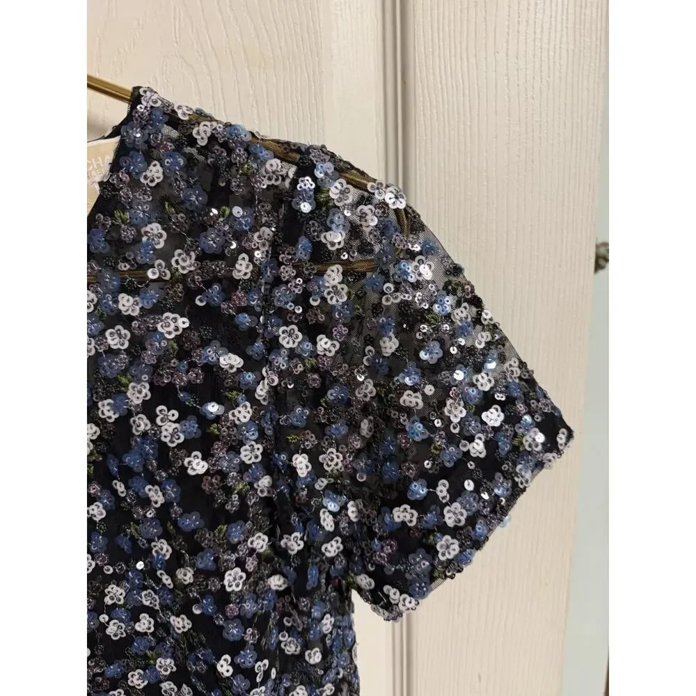 Michael Michael Kors Black Silver Blue Sequinned Sheath Cocktail Dress XS 32x33